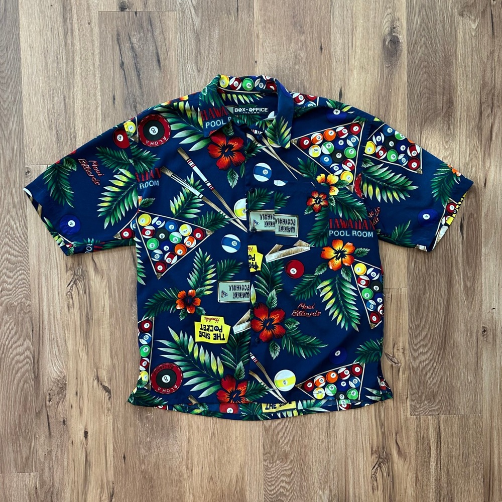 Box Office Island Hawaiian Pool Billiards Shirt Men's XL Navy Tropical Aloha
